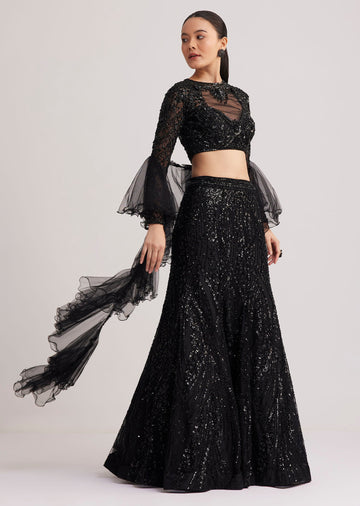 Black Sequins Lehenga Set With Ruffled Dupatta
