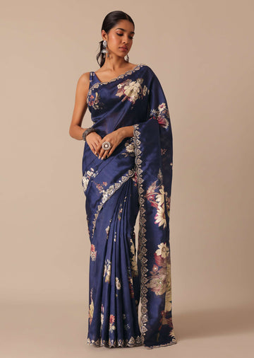 Blue Floral Print Tussar Silk Saree With Unstitched Blouse Piece