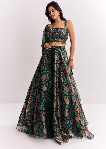 Bottle Green Mirror Work Lehenga Choli Set In Organza Tissue