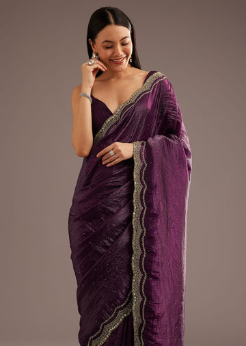 Wine Crushed Tissue Silk Cutdana Scallop Bordered Saree