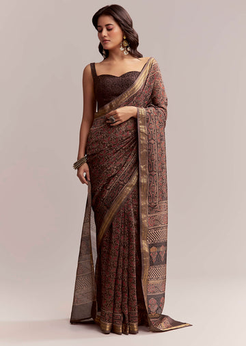 Dark Brown Linen Printed Saree With Authentic Ajrakh Print