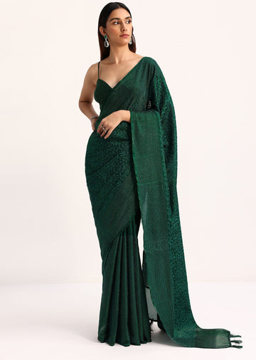 Dark Green Tissue Saree With Thread And Stone Embroidery And Unstitched Blouse