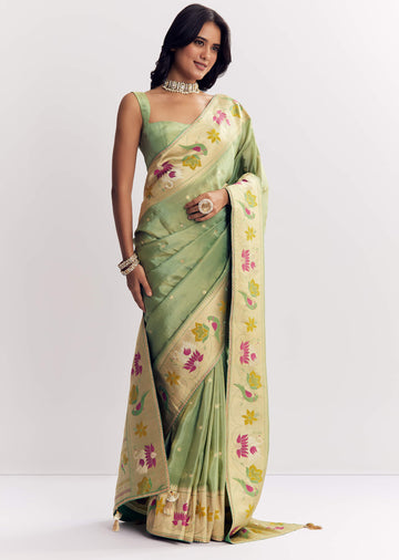 Green Dola Silk Paithani Saree With Dollar Butti And Multicolor Motif