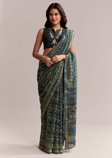 Midnight Blue Linen Printed Saree With Traditional Ajrakh Print