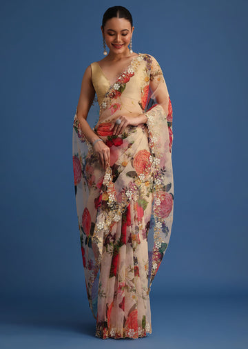 Off White Organza Floral Printed Saree With Embroidered Border