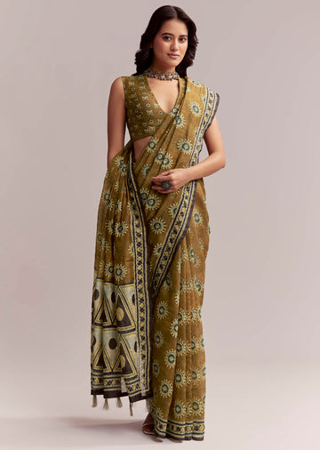 Olive Brown Linen Printed Saree With Handcrafted Ajrakh Print
