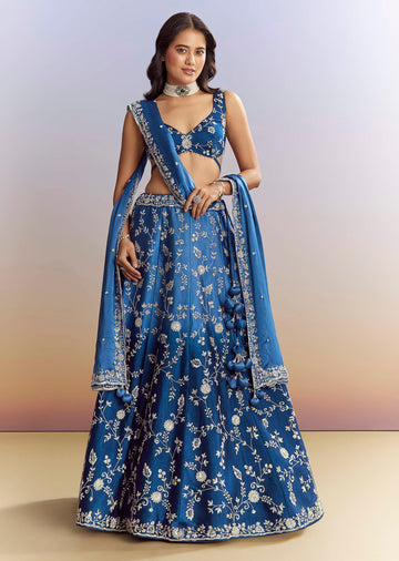 Ombre Blue Satin Bridesmaid Lehenga With Heavy Embroidery