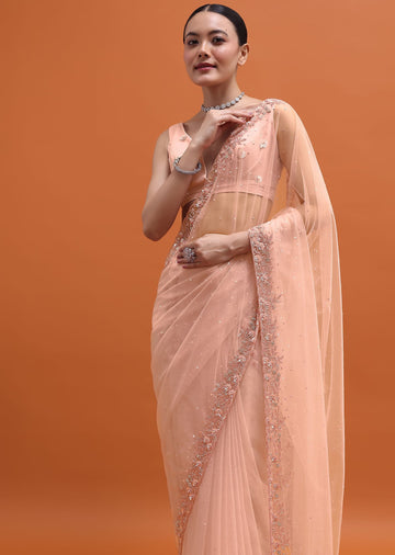 Powder Pink Embroidered Net Saree With Unstitched Blouse