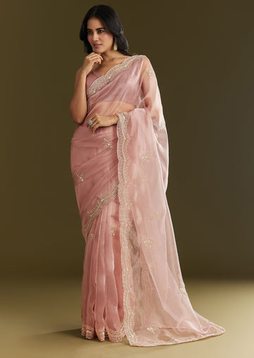 Pink Tissue Embroidered Saree With Cutdana Sequins And Moti