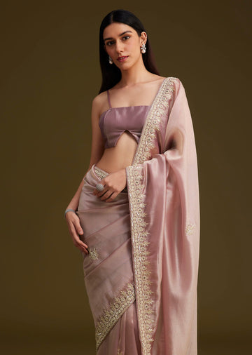 Pink Tissue Saree With Mirror And Sequins Embroidery