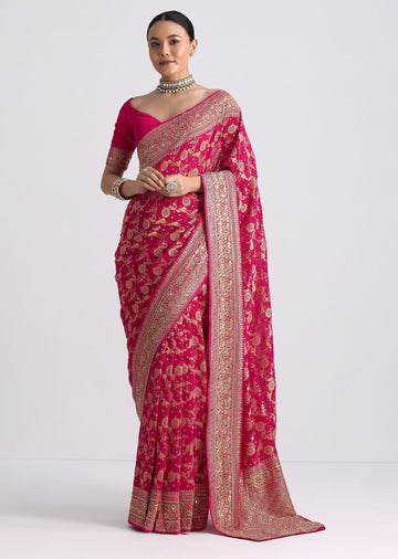 Rani Pink Saree With Bandhani Jaal And Cutdana Work