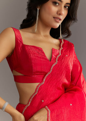 Red Crushed Tissue Embroidered Saree With Cutdana And Sequin Work