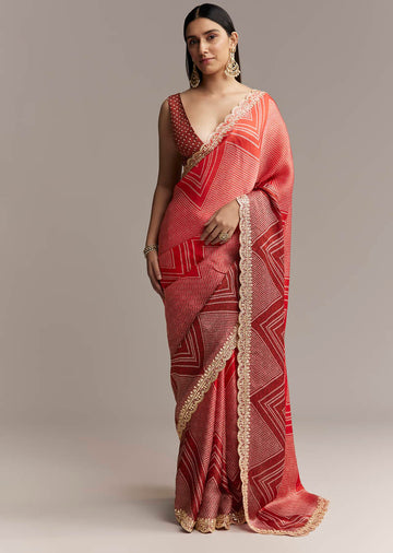 Red Ombre Satin Saree With Geometric Print And Gota Border