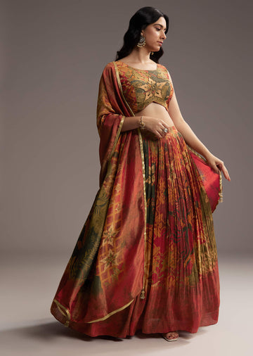 Rust Orange Tissue Lehenga Choli With Floral Print