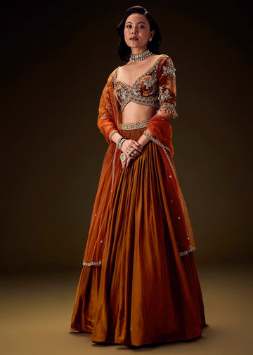 Rust Orange Velvet Lehenga With Embellished Cross Body Blouse and Dupatta