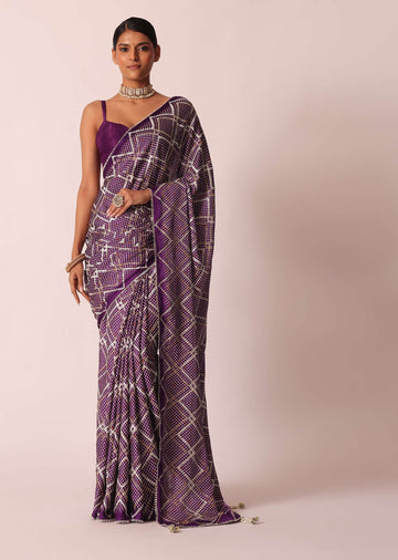 Purple Silk Bandhani Print Saree With Gota Embroidery And Unstitched Blouse Piece