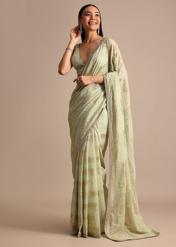 Pista Green Embroidered Georgette Saree With Unstitched Blouse