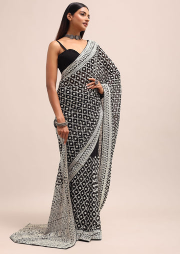 Black Georgette Chikankari Saree With Unstitiched Blouse
