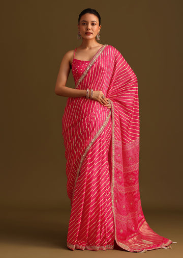 Hot Pink Lehariya Saree In Gota Patti Work With Unstitched Blouse
