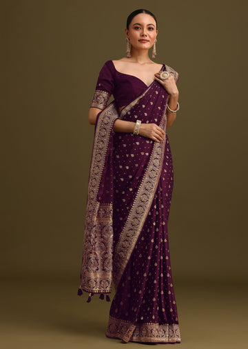 Purple Embroidered Saree With Zardosi Work And Unstitched Blouse