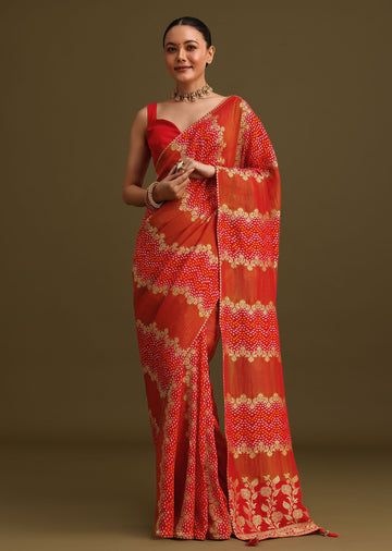 Red Khaddi Georgette Saree With Gotta Patti Border And Unstitched Blouse