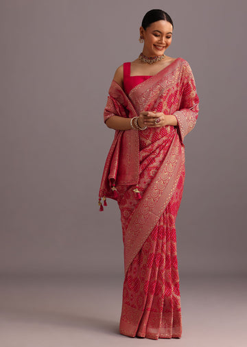 Pink Khaddi Georgette Woven Saree With Gotta Patti Border