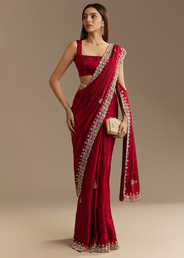 Red Satin Saree With Gotapatti And Scallop Border