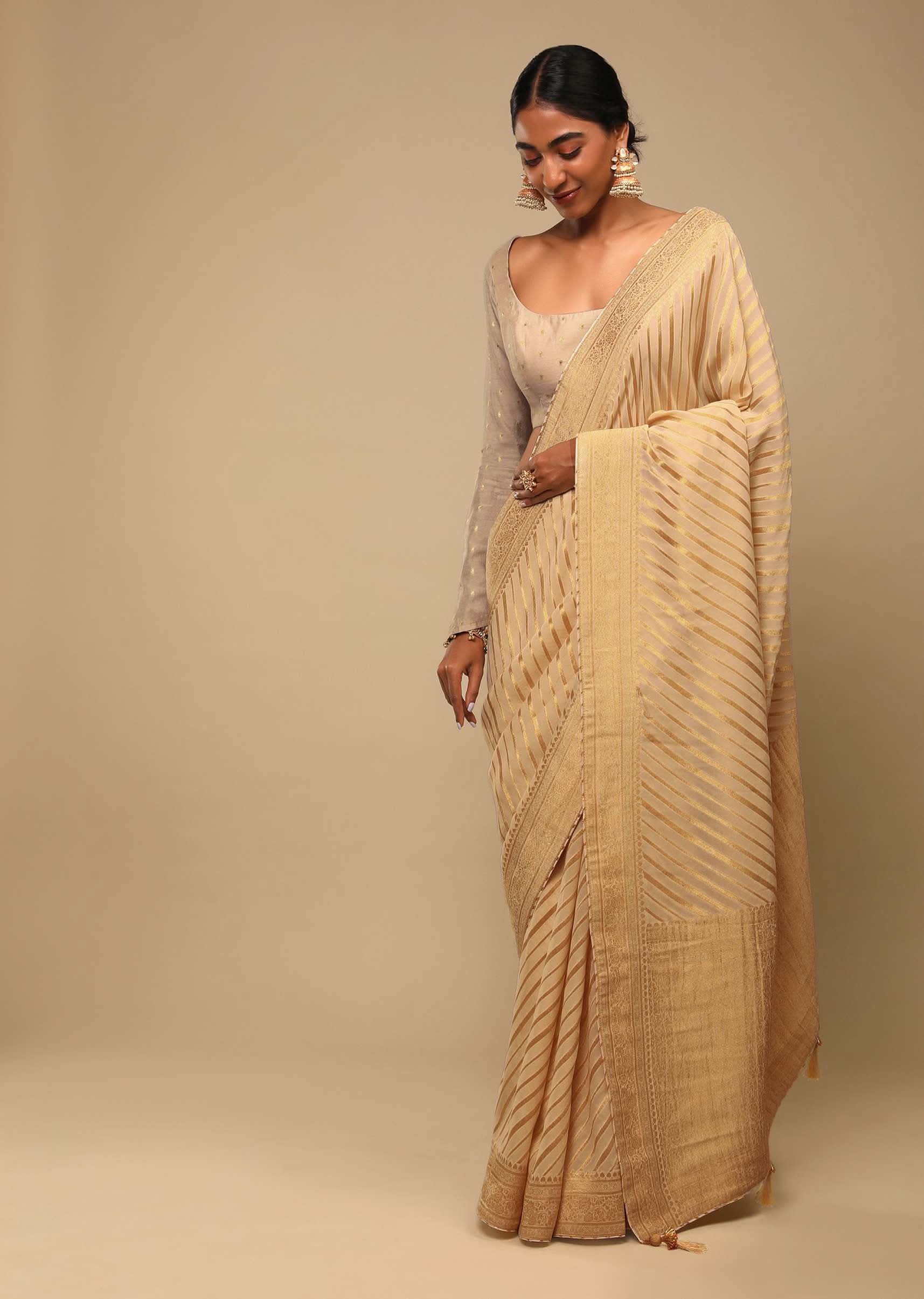 Gold Saree In Georgette With Woven Diagonal Stripes, Floral Pallu And Unstitched Blouse