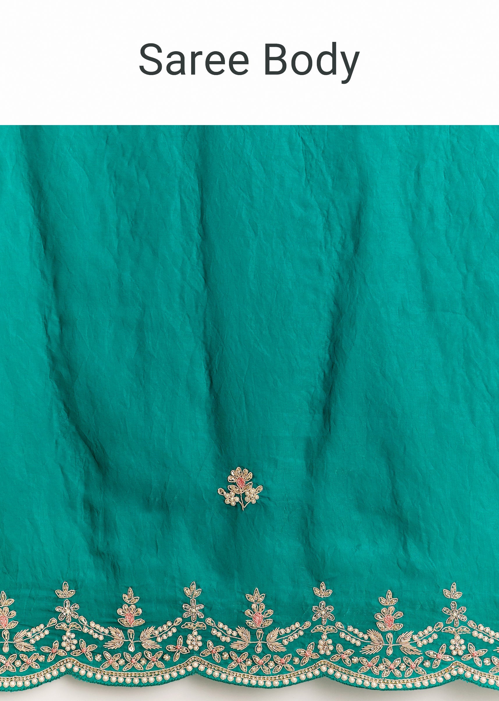 Teal Green Satin Saree With Zardosi Moti Embroidery And Scallop Border