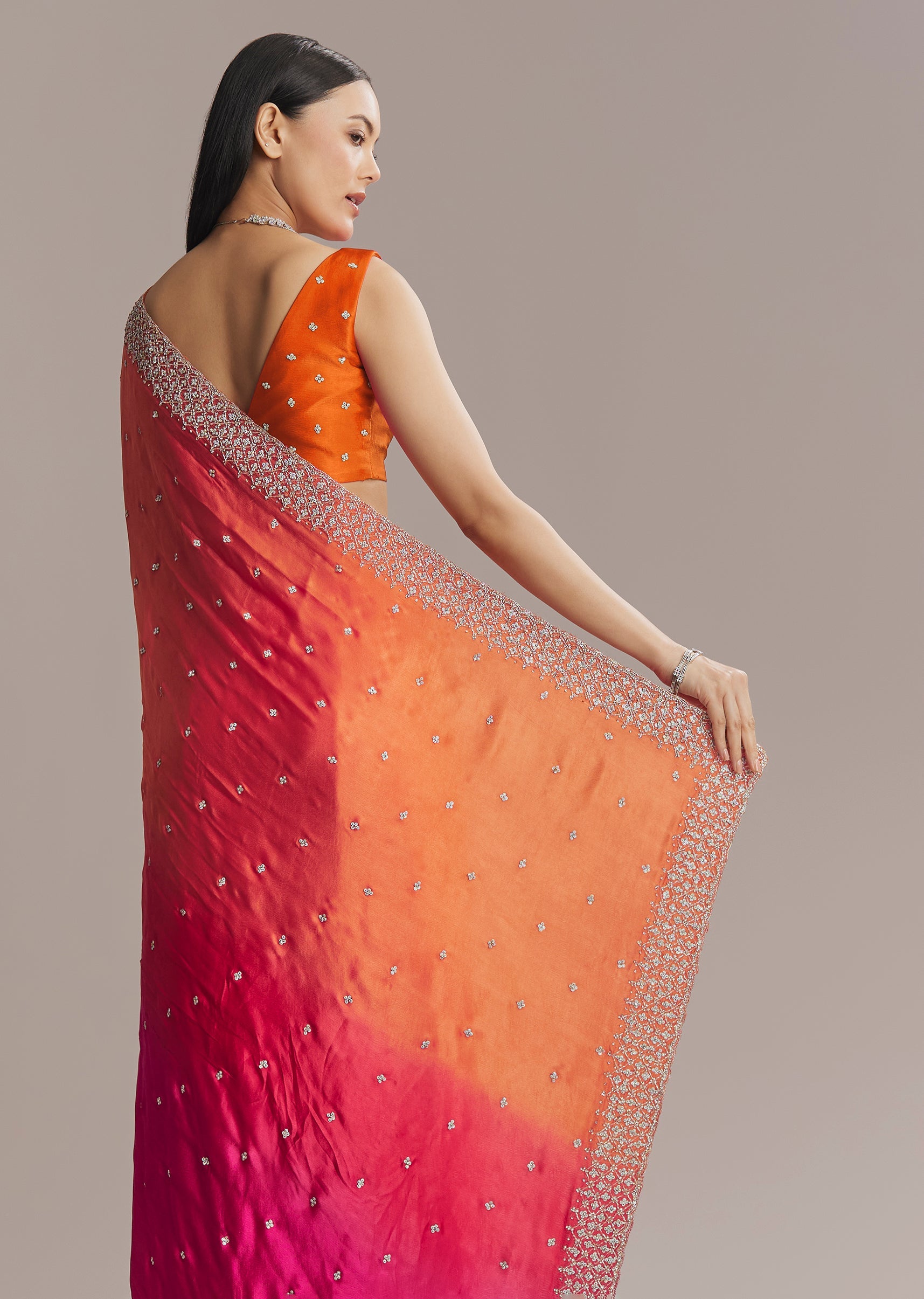Hot Pink And Orange Chinon Saree With Heavy Embroidery