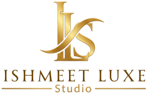 Gold logo with 'Ishmeet Luxe Studio' text on a white background