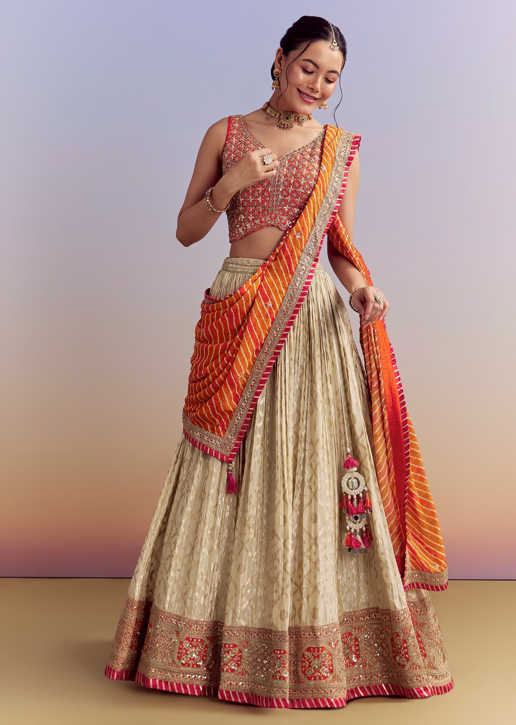 Orange Brocade Silk Bridesmaid Lehenga With Leheriya Dupatta