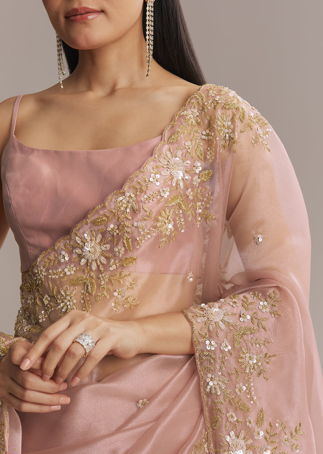 Pink Tissue Saree With Golden Sequin Embroidery