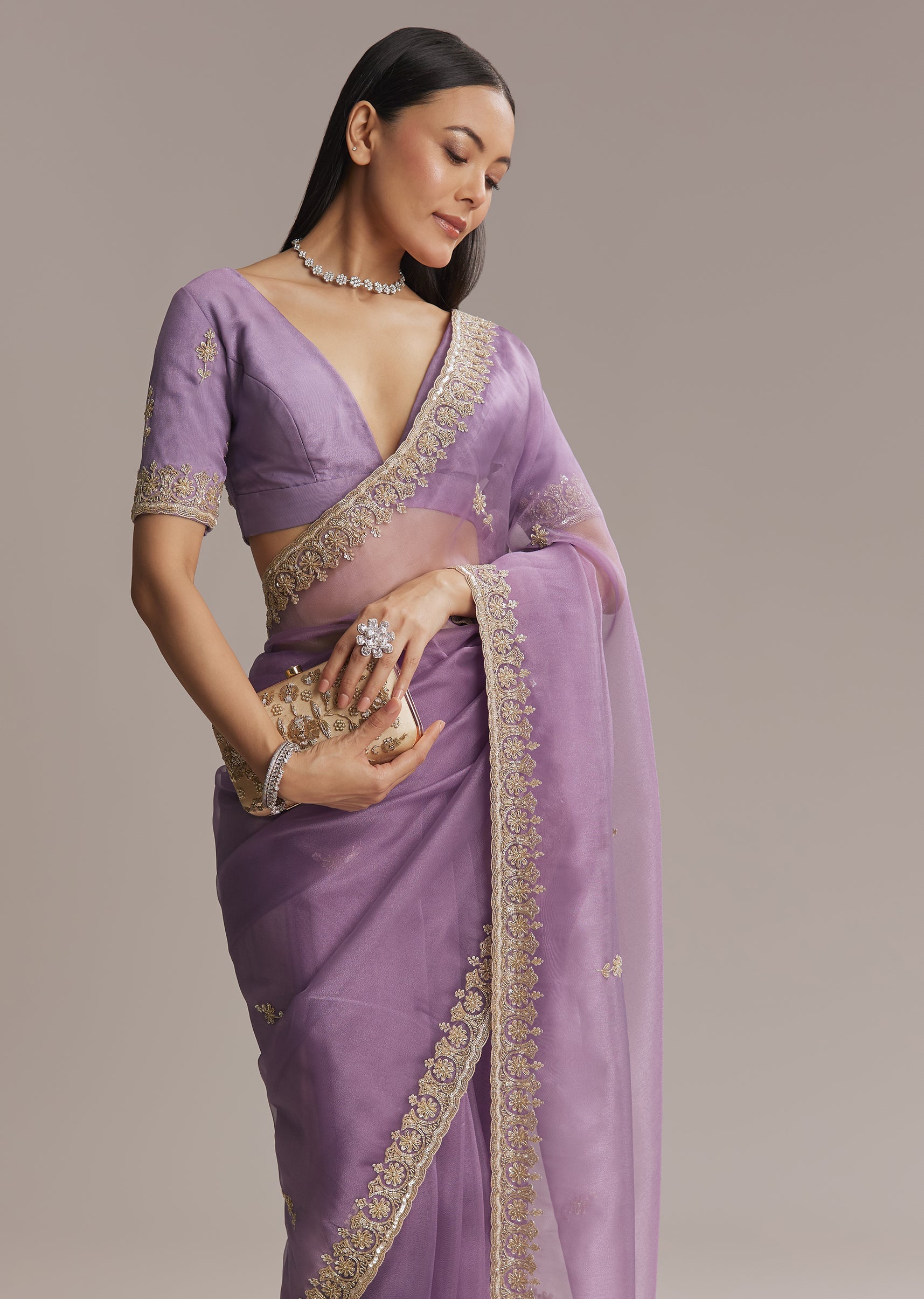 Purple Tissue Saree With Zardosi And Bead Embroidery
