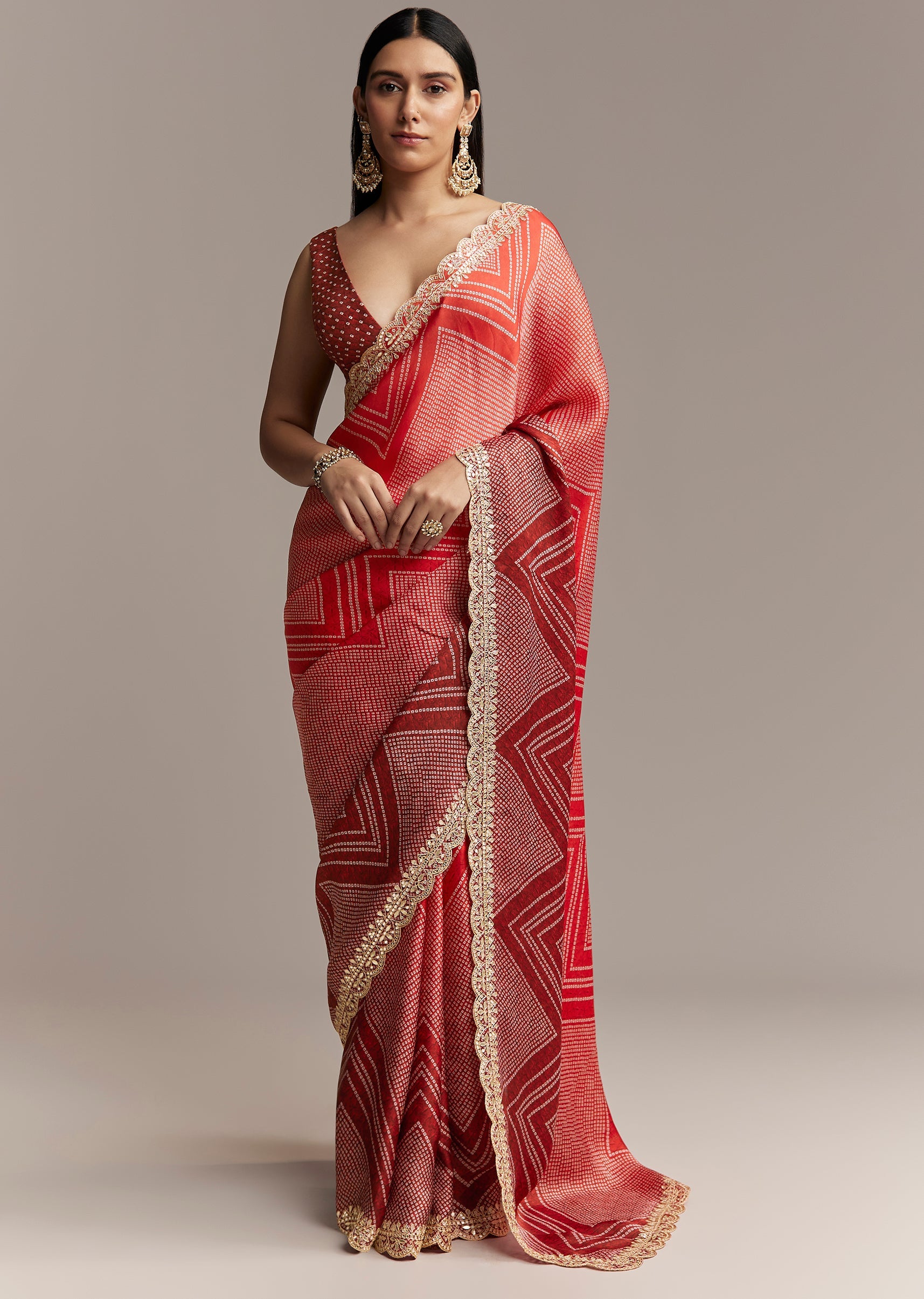 Red Ombre Satin Saree With Geometric Print And Gota Border
