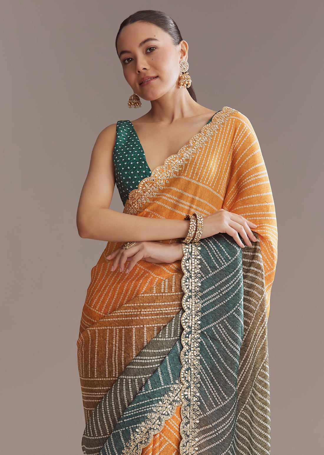 Teal Green And Orange Satin Ombre Saree With Gota Patti Border
