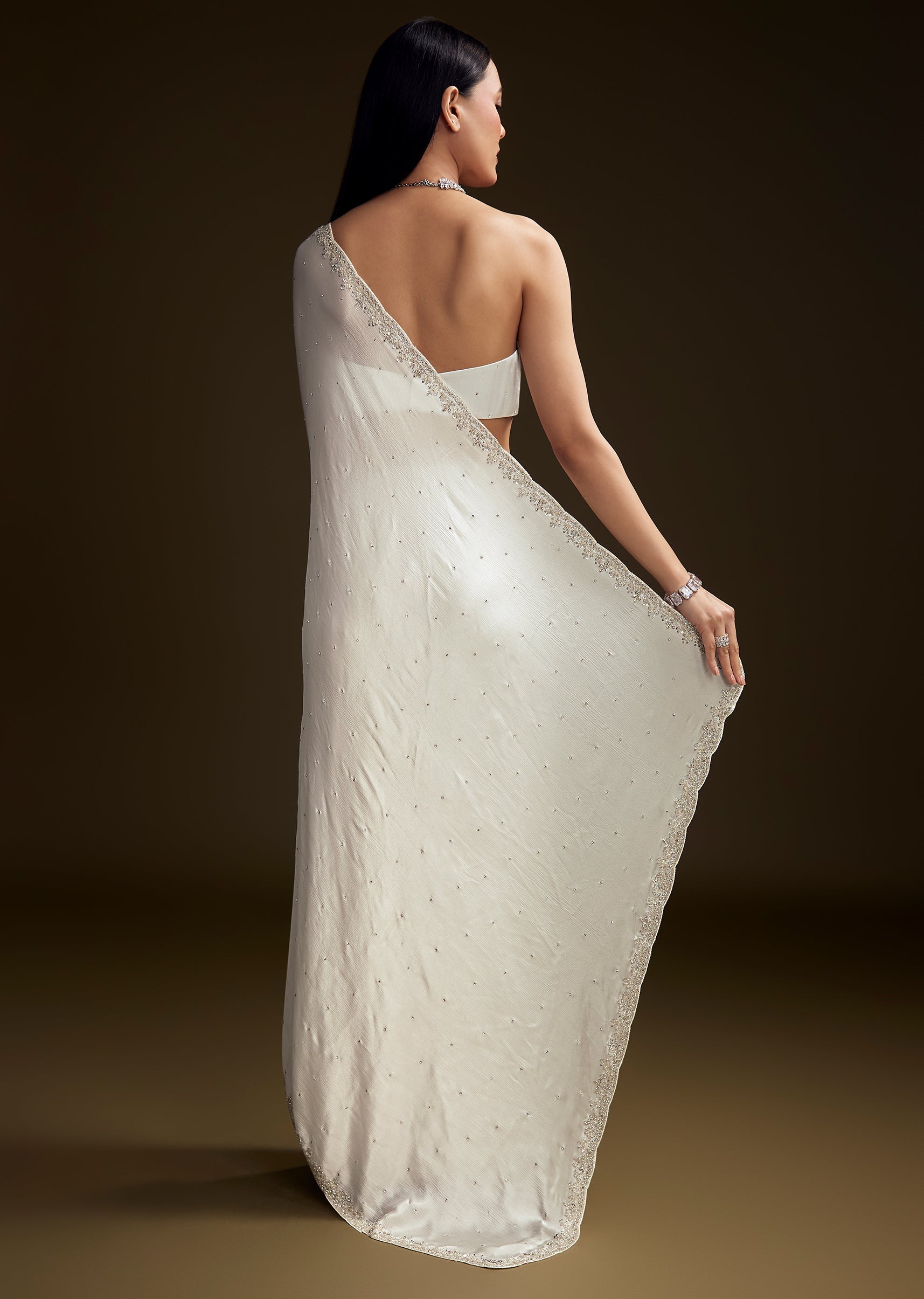 White Chinon Saree With Stone And Sequin Embroidery