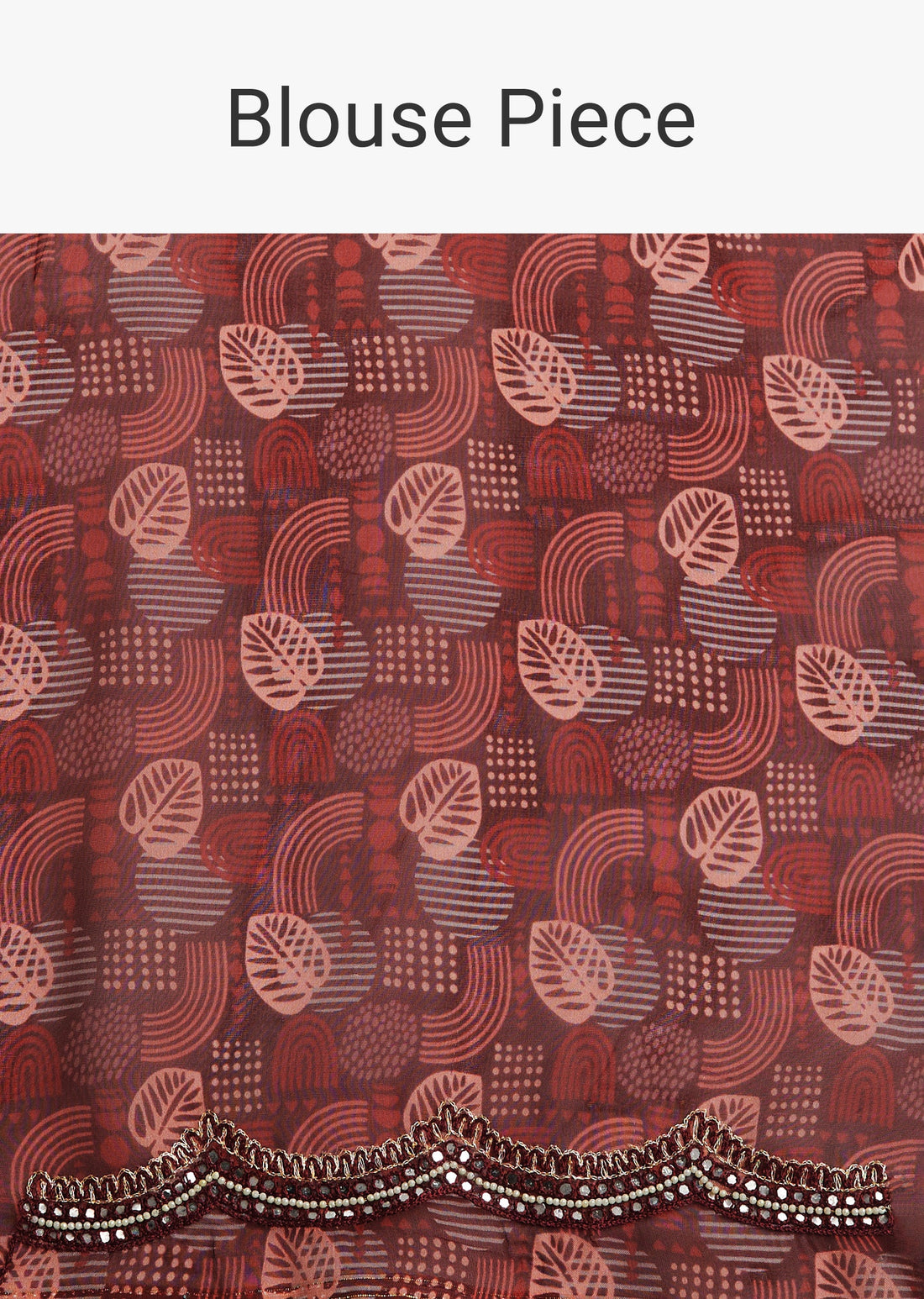 Wine Organza Leaf Printed Saree With Unstitched Blouse