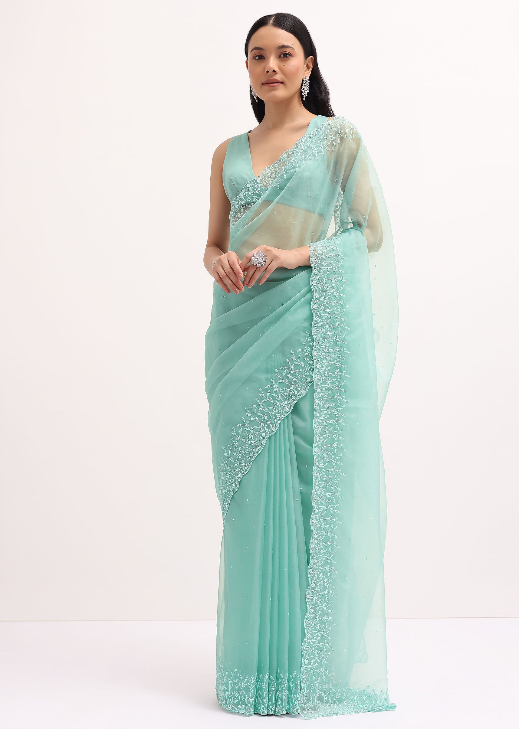 Aqua Blue Embroidered Organza Saree With Unstitched Blouse