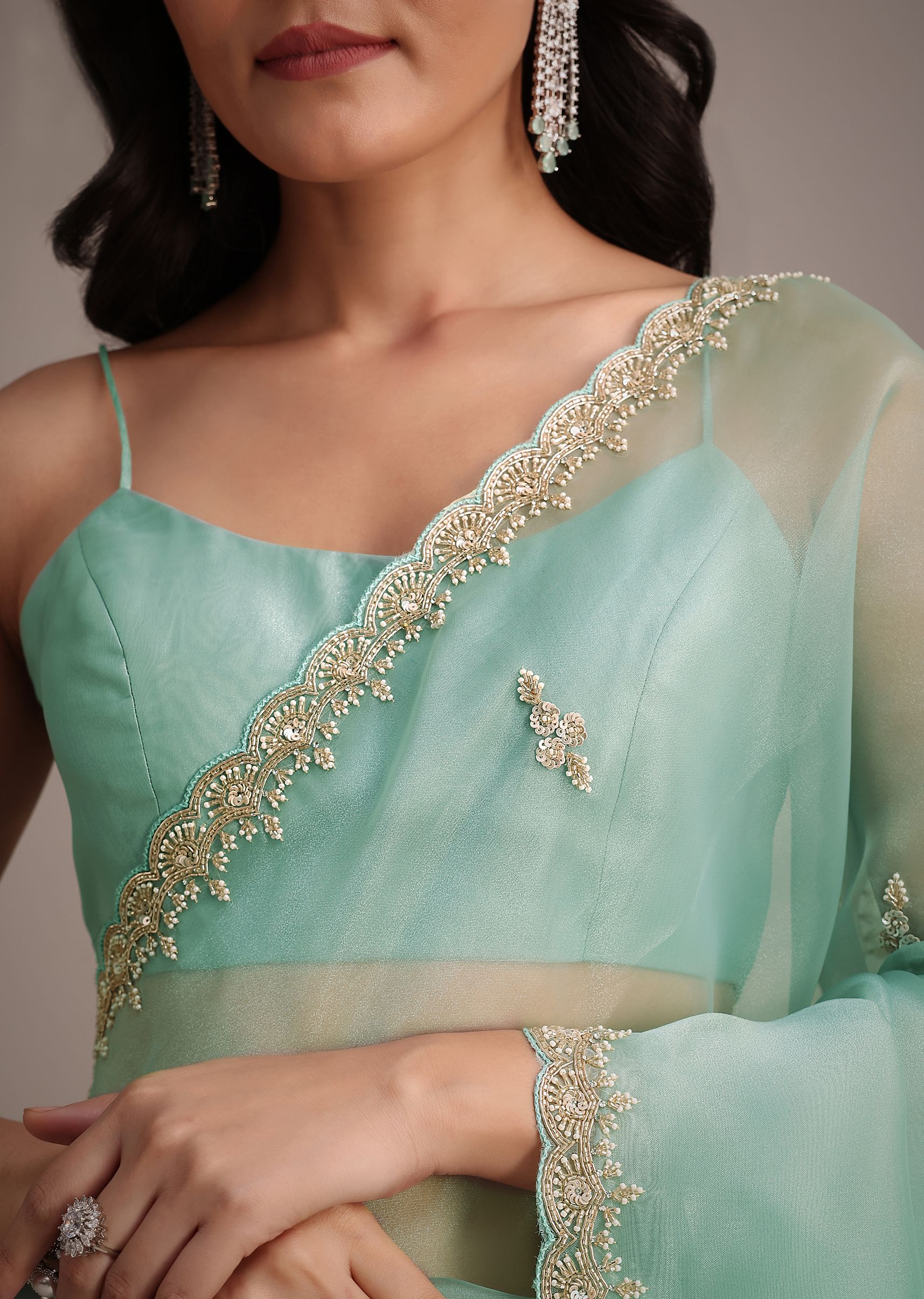 Aqua Blue Glass Tissue Embroidered Saree With Cutdana Work