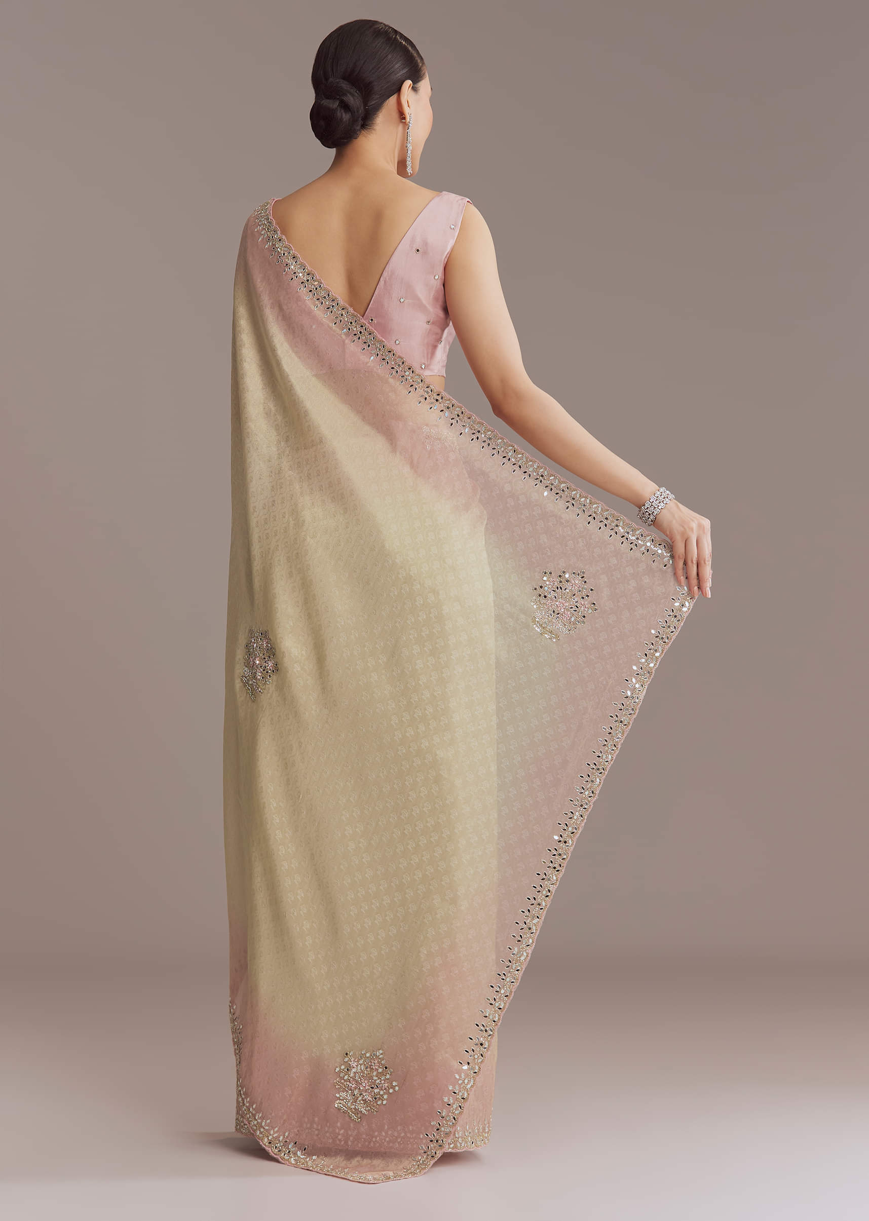Beige And Pink Ombre Jacquard Embroidered Saree With Mirror Work