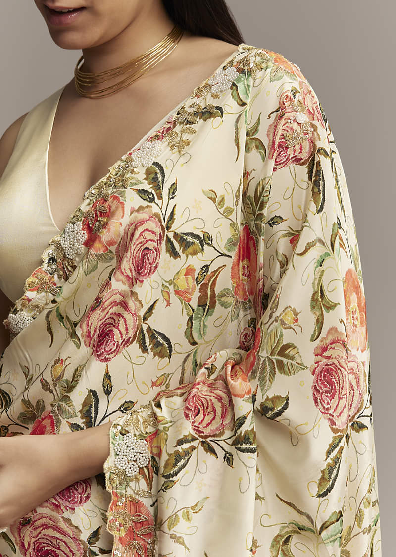Beige Crepe Saree With Multicolor Floral Print And Moti Embroidery