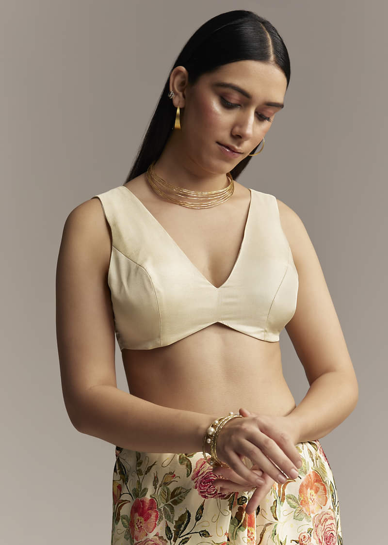 Beige Crepe Saree With Multicolor Floral Print And Moti Embroidery