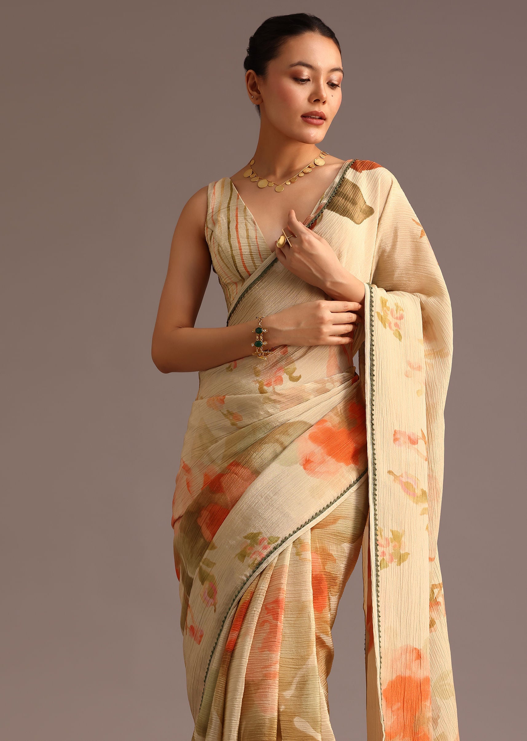 Beige Crushed Abstract Print Saree With Lace Pallu Border