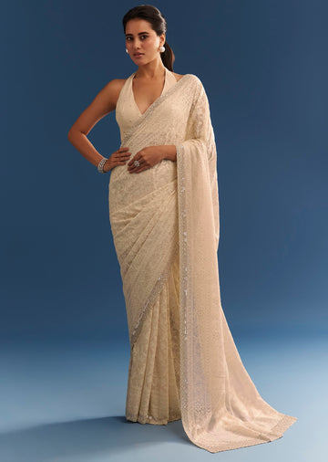 Beige Georgette Chikankari Saree With Stone And Cutdana Work
