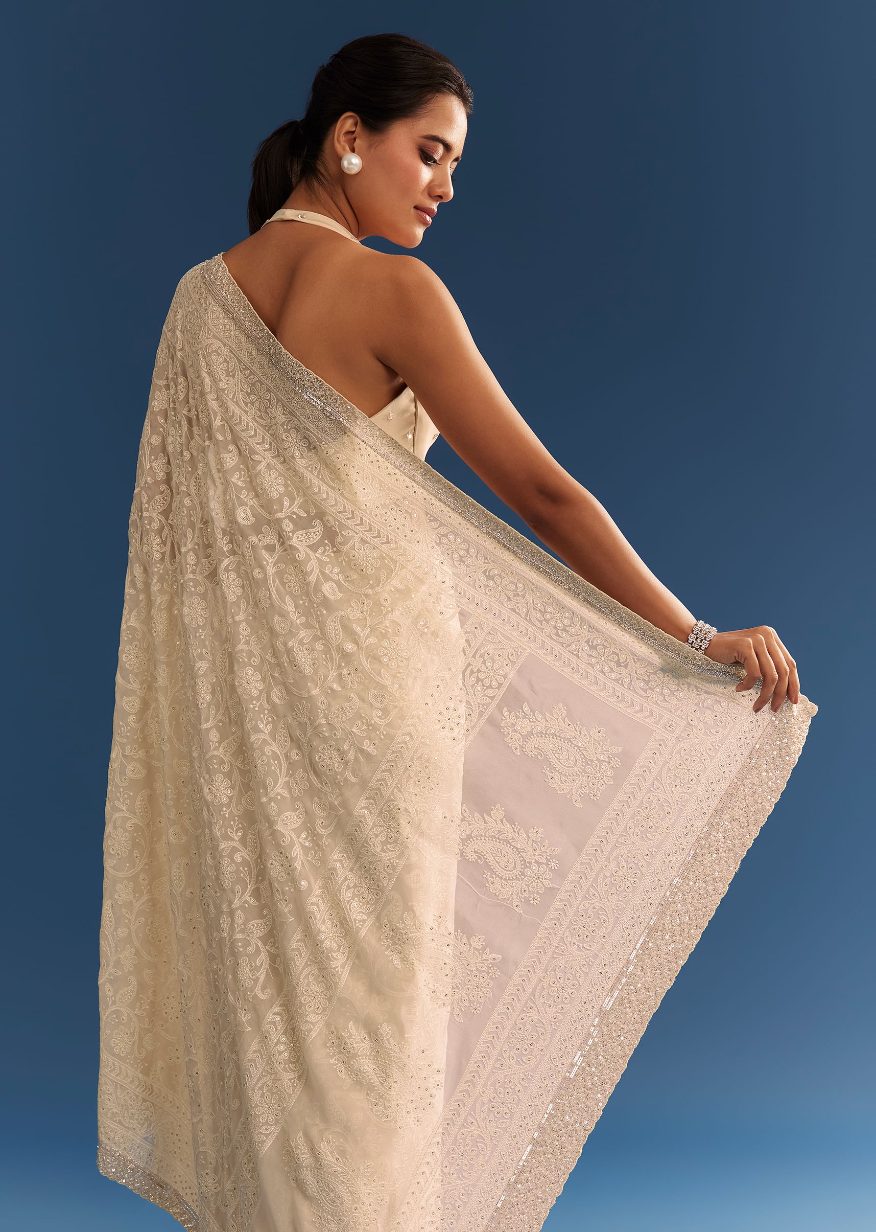 Beige Georgette Chikankari Saree With Stone And Cutdana Work