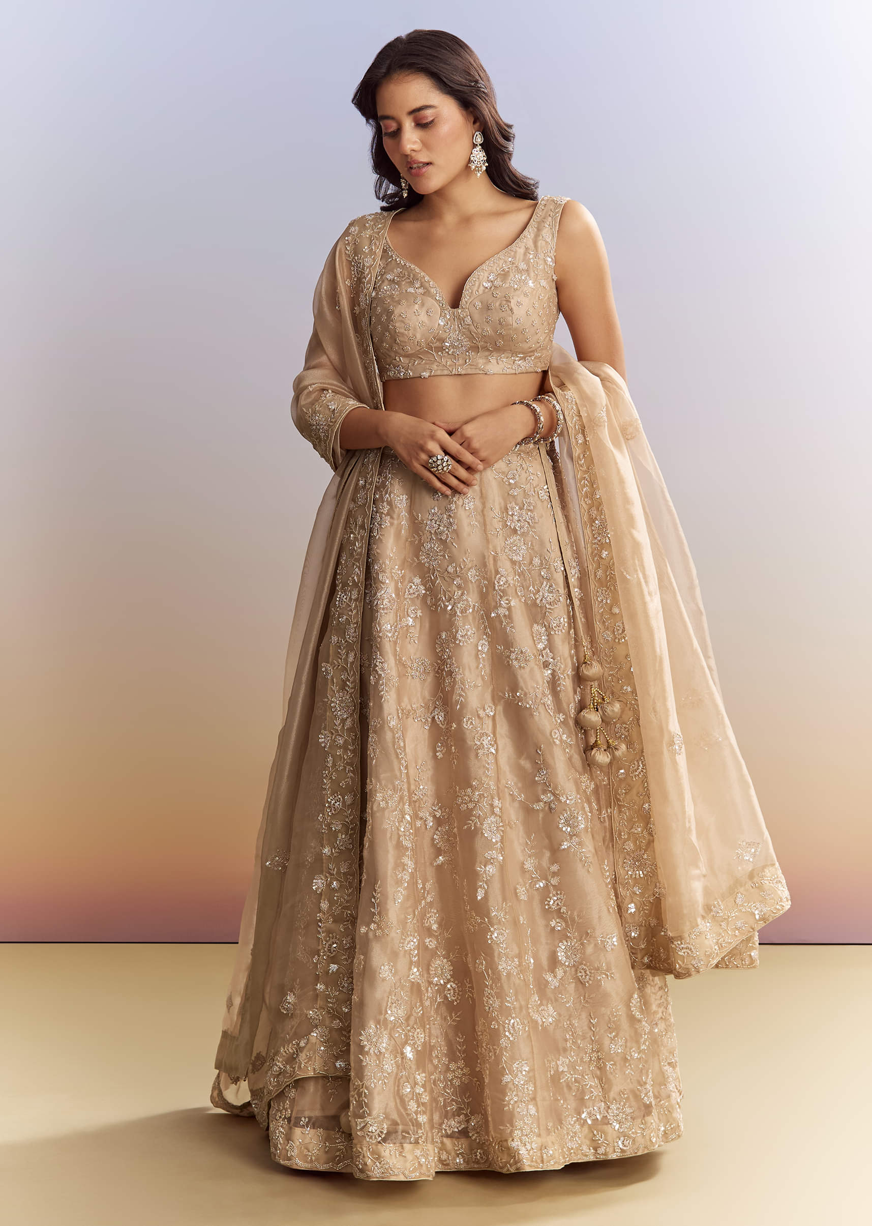 Beige Tissue Bridesmaid Lehenga With Heavy Embroidery