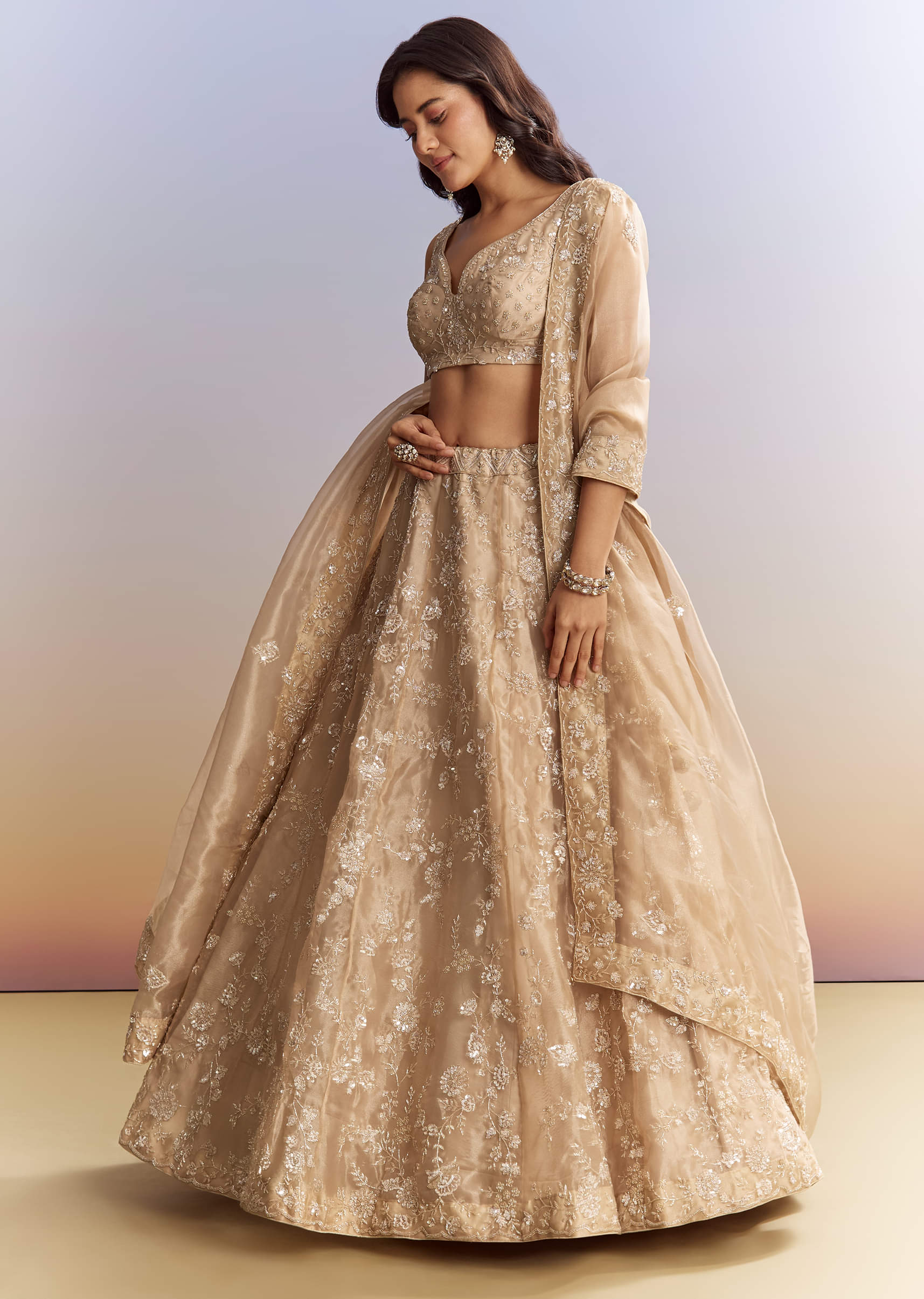 Beige Tissue Bridesmaid Lehenga With Heavy Embroidery
