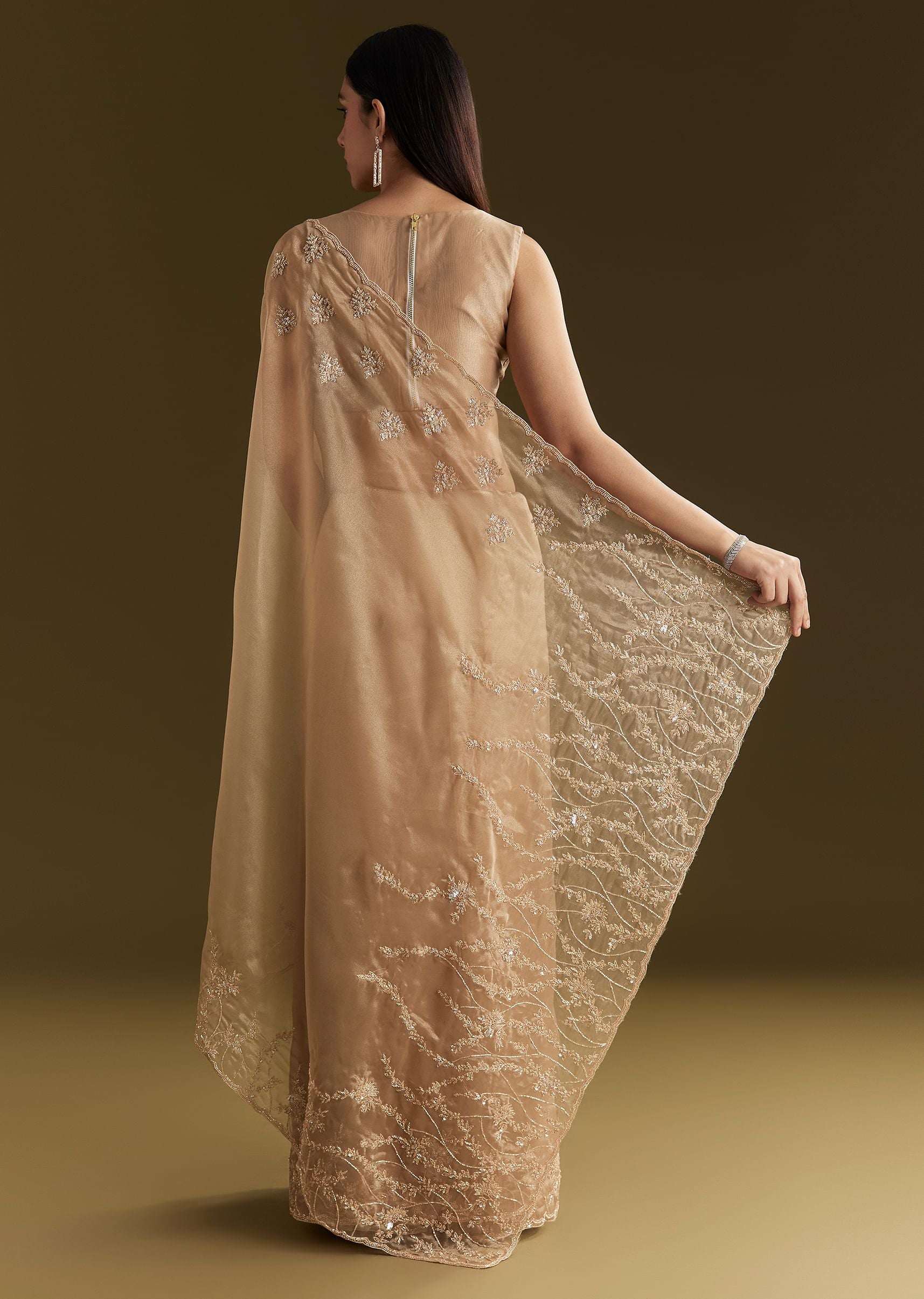 Beige Tissue Saree With Heavy Cutdana And Beads Embroidery