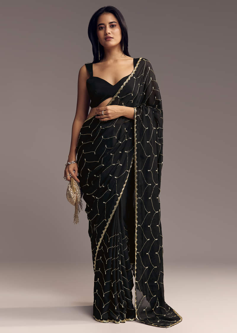 Black Embroidered Chinon Saree With Cut Dana Work